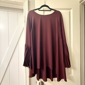 Elegant Burgundy Pleated Bell Sleeve Blouse